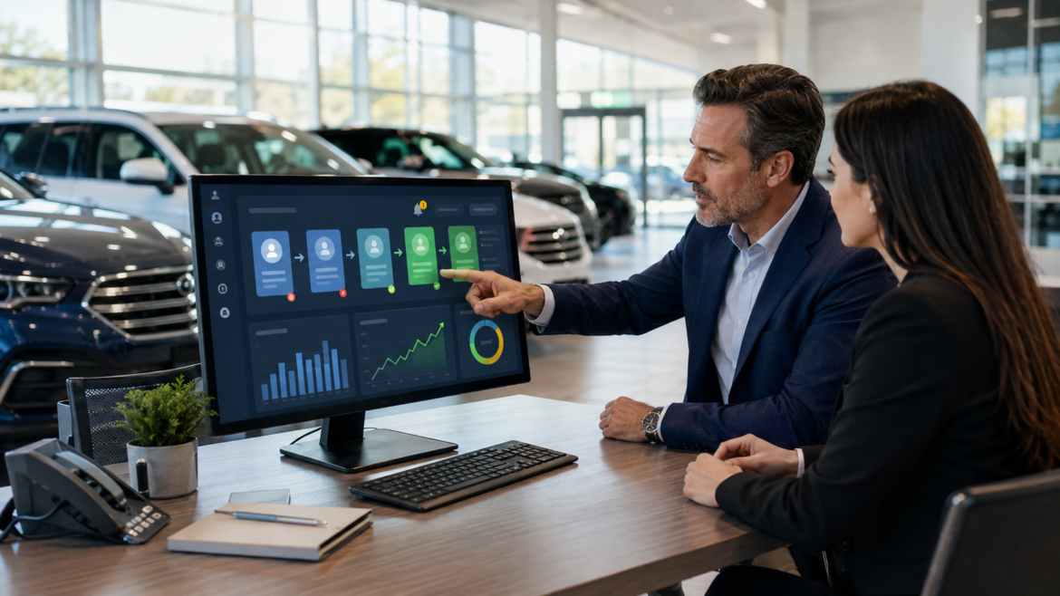 Dealership managers reviewing CRM automation and cold lead recovery data in a car showroom.